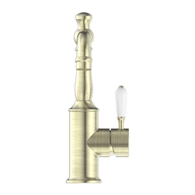 Nero York Basin Mixer With White Porcelain Lever Aged Brass