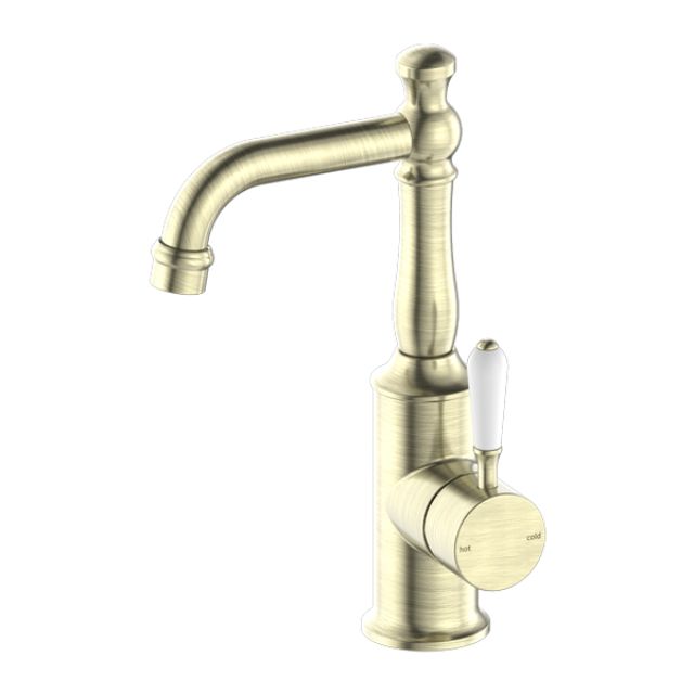 Nero York Basin Mixer With White Porcelain Lever Aged Brass