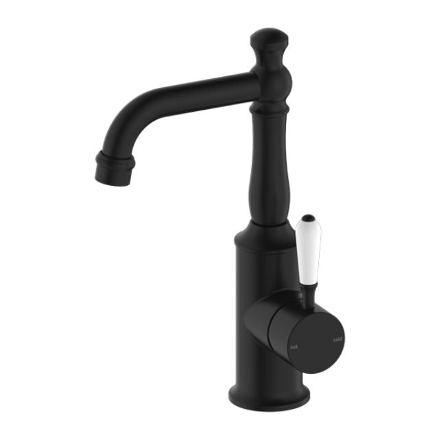 Nero York Basin Mixer With White Porcelain Lever Matte Black