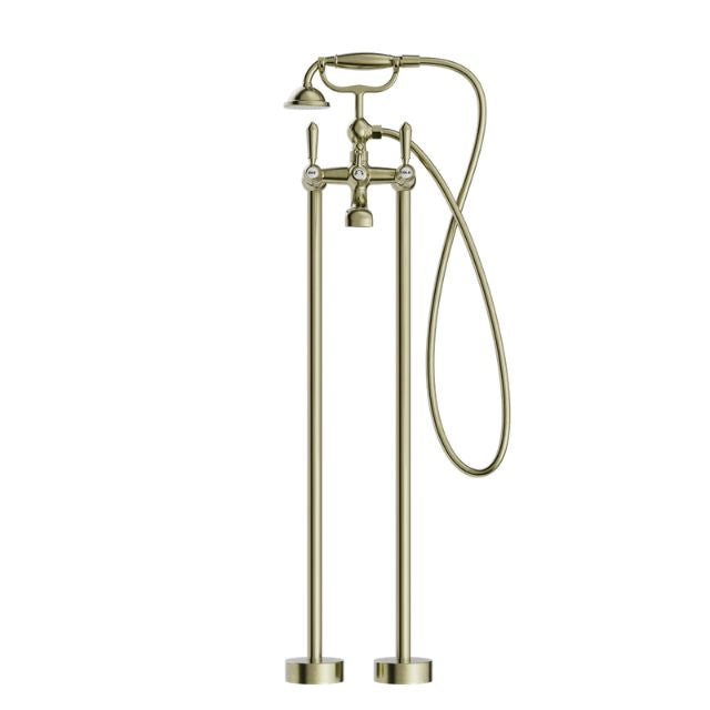 Nero York Freestanding Bath Set With Metal Hand Shower Aged Brass