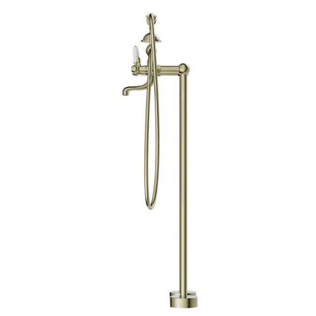 Nero York Freestanding Bath Set With White Porcelain Hand Shower Aged Brass