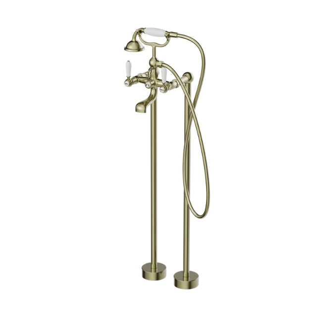 Nero York Freestanding Bath Set With White Porcelain Hand Shower Aged Brass