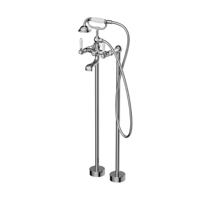 Nero York Freestanding Bath Set With White Porcelain Hand Shower Chrome