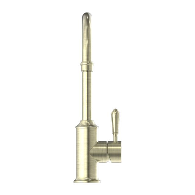 Nero York Kitchen Mixer Gooseneck Spout With Metal Lever Aged Brass