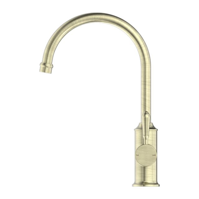Nero York Kitchen Mixer Gooseneck Spout With Metal Lever Aged Brass