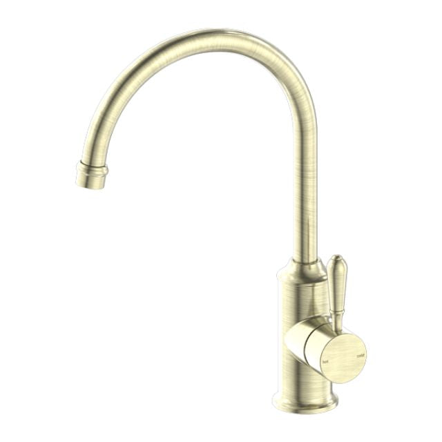 Nero York Kitchen Mixer Gooseneck Spout With Metal Lever Aged Brass