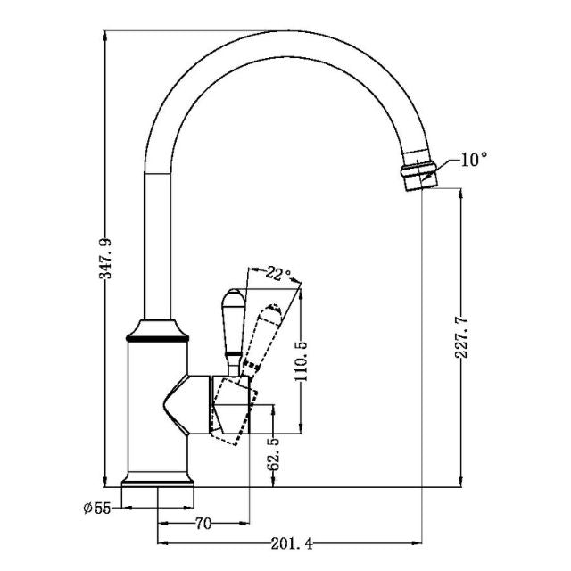 Technical Drawing Nero York Kitchen Mixer Gooseneck Spout With Metal Lever Chrome NR69210602CH - The Blue Space