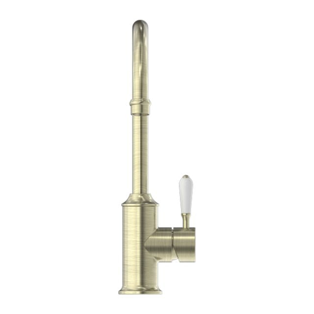 Nero York Kitchen Mixer Gooseneck Spout With White Porcelain Lever Aged Brass