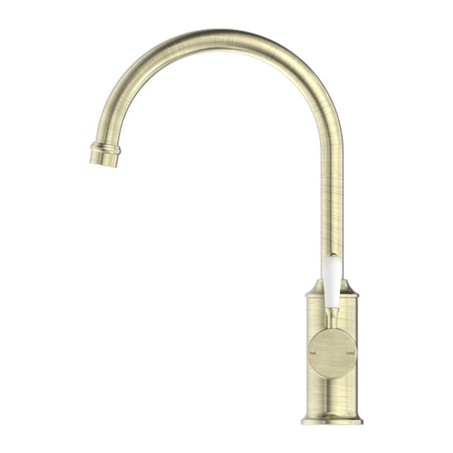 Nero York Kitchen Mixer Gooseneck Spout With White Porcelain Lever Aged Brass