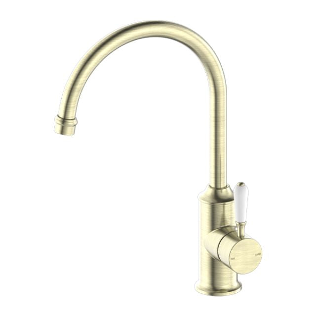 Nero York Kitchen Mixer Gooseneck Spout With White Porcelain Lever Aged Brass