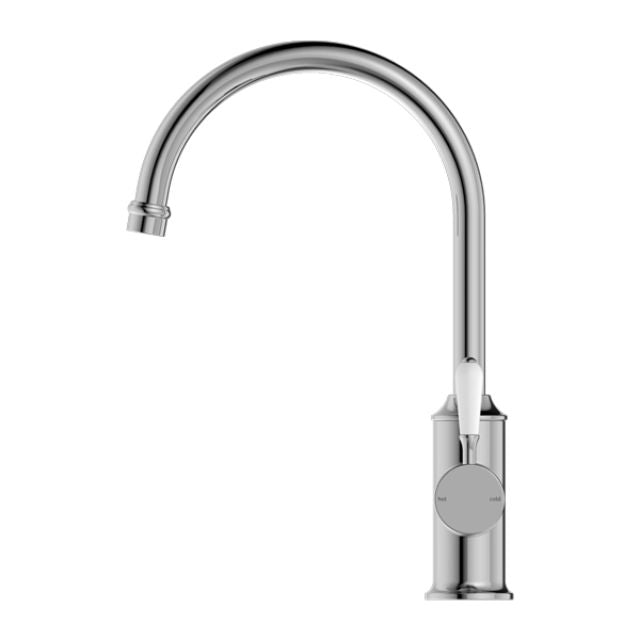 Nero York Kitchen Mixer Gooseneck Spout With White Porcelain Lever Chrome