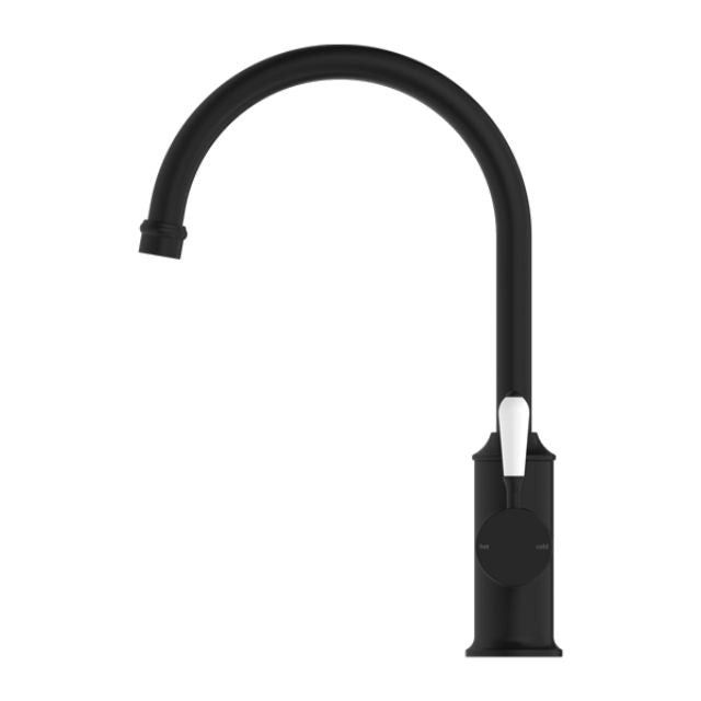 Nero York Kitchen Mixer Gooseneck Spout With White Porcelain Lever Matte Black