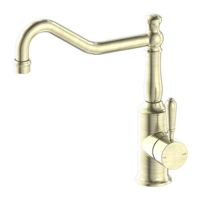 Nero York Kitchen Mixer Hook Spout With Metal Lever Aged Brass