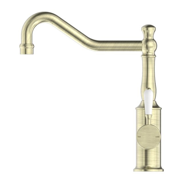 Nero York Kitchen Mixer Hook Spout With White Porcelain Lever Aged Brass
