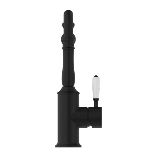 Nero York Kitchen Mixer Hook Spout With White Porcelain Lever Matte Black