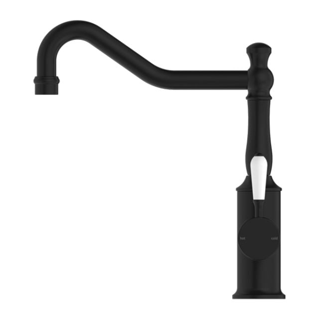 Nero York Kitchen Mixer Hook Spout With White Porcelain Lever Matte Black