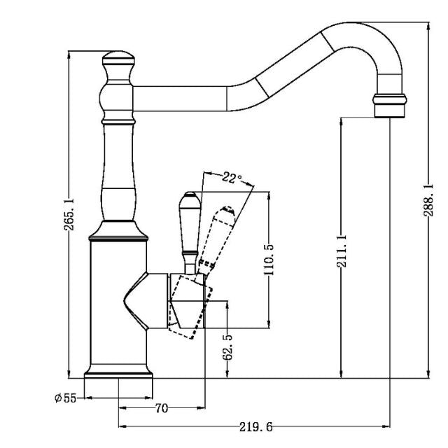 Technical Drawing Nero York Kitchen Mixer Hook Spout With White Porcelain Lever Matte Black NR69210701MB - The Blue Space