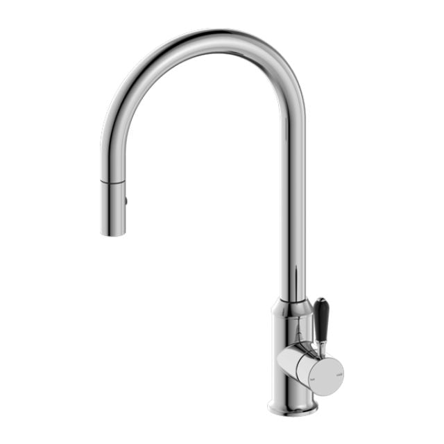 Nero York Pull Out Sink Mixer With Vegie Spray Function With Black Porcelain Lever Chrome