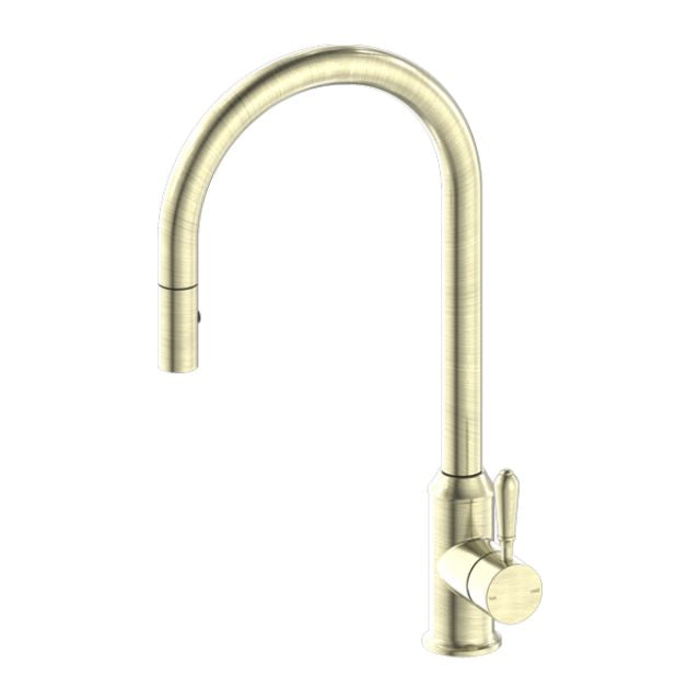 Nero York Pull Out Sink Mixer with Vegie Spray Function with Metal Lever Aged Brass