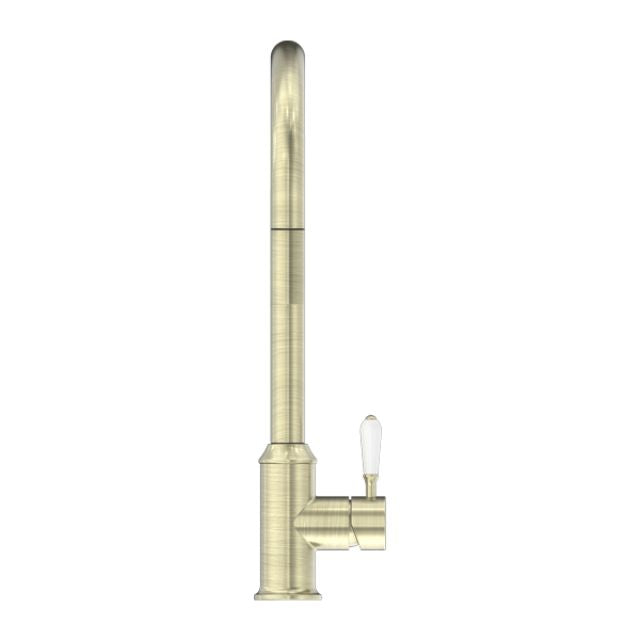 Nero York Pull Out Sink Mixer With Vegie Spray Function With White Porcelain Lever Aged Brass