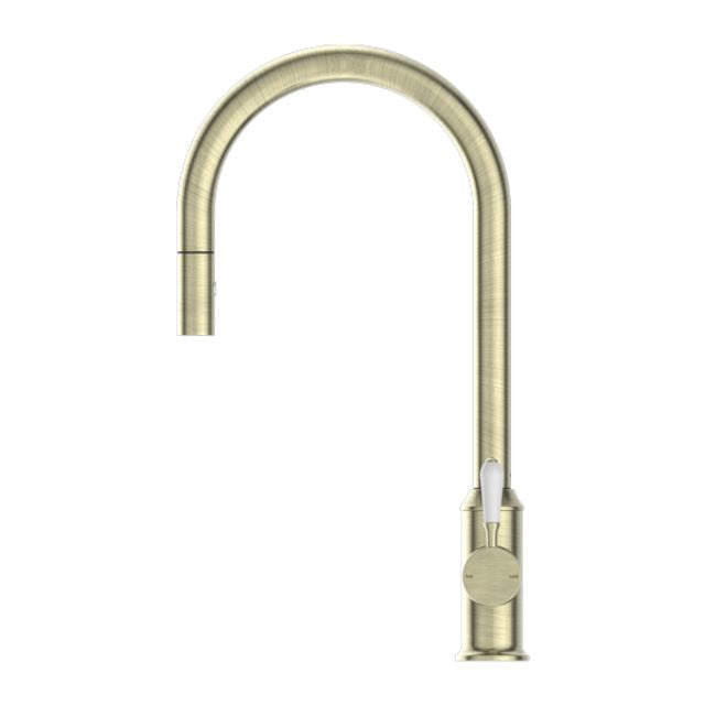Nero York Pull Out Sink Mixer With Vegie Spray Function With White Porcelain Lever Aged Brass