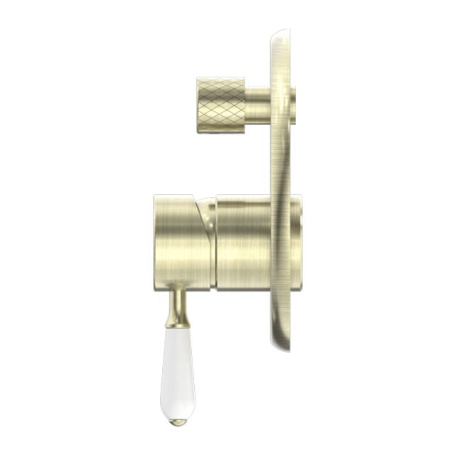 Nero York Shower Mixer With Diverter With White Porcelain Lever Aged Brass