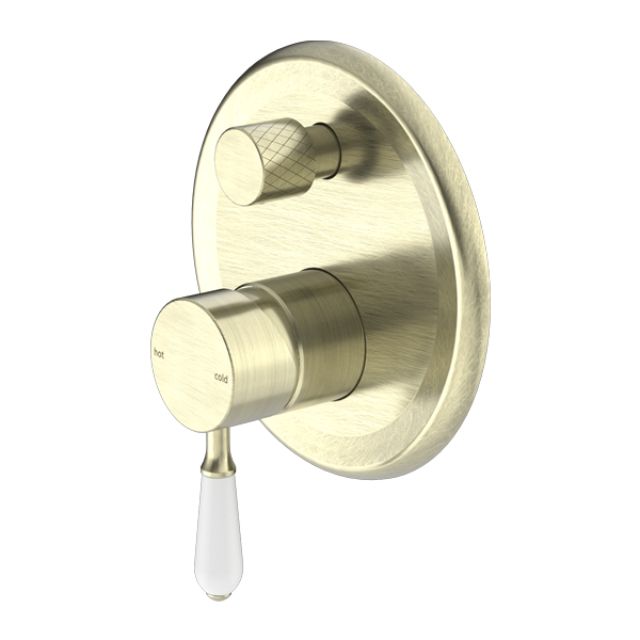 Nero York Shower Mixer With Diverter With White Porcelain Lever Aged Brass