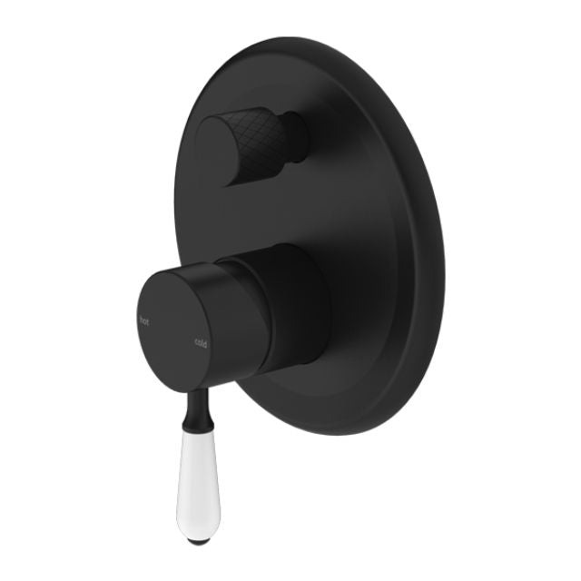 Nero York Shower Mixer With Diverter With White Porcelain Lever Matte Black