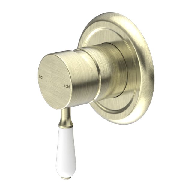 Nero York Shower Mixer With White Porcelain Lever Aged Brass