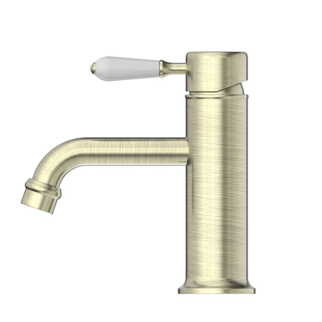 Nero York Straight Basin Mixer With White Porcelain Lever Aged Brass