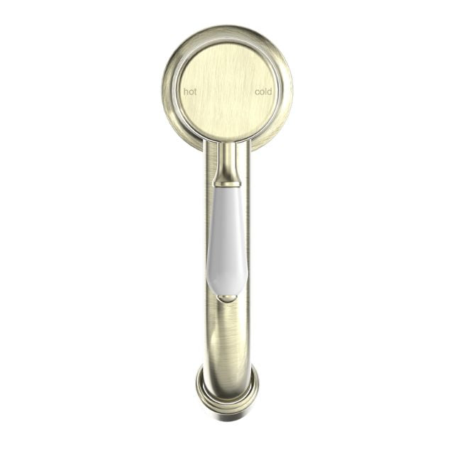 Nero York Straight Basin Mixer With White Porcelain Lever Aged Brass