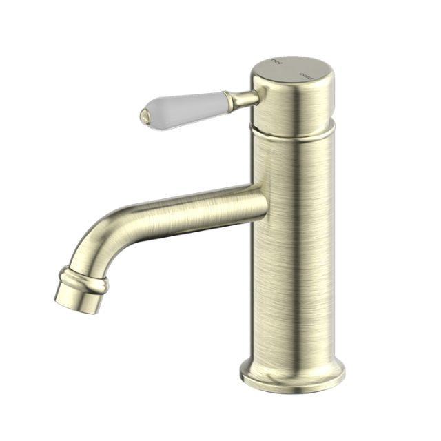 Nero York Straight Basin Mixer With White Porcelain Lever Aged Brass