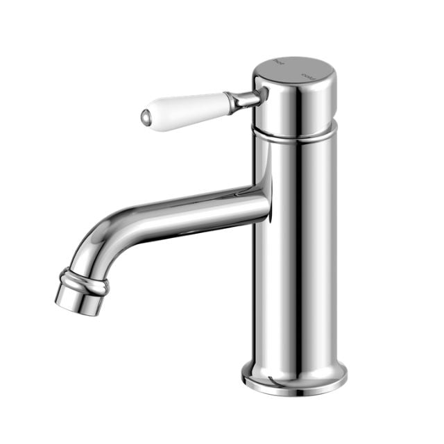 Nero York Straight Basin Mixer With White Porcelain Lever Chrome