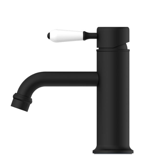 Nero York Straight Basin Mixer With White Porcelain Lever Matte Black