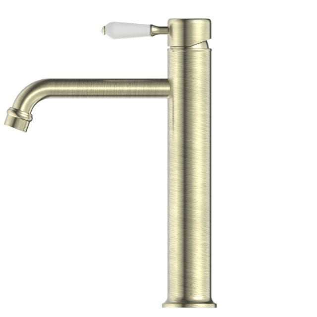 Nero York Straight Tall Basin Mixer With White Porcelain Lever Aged Brass