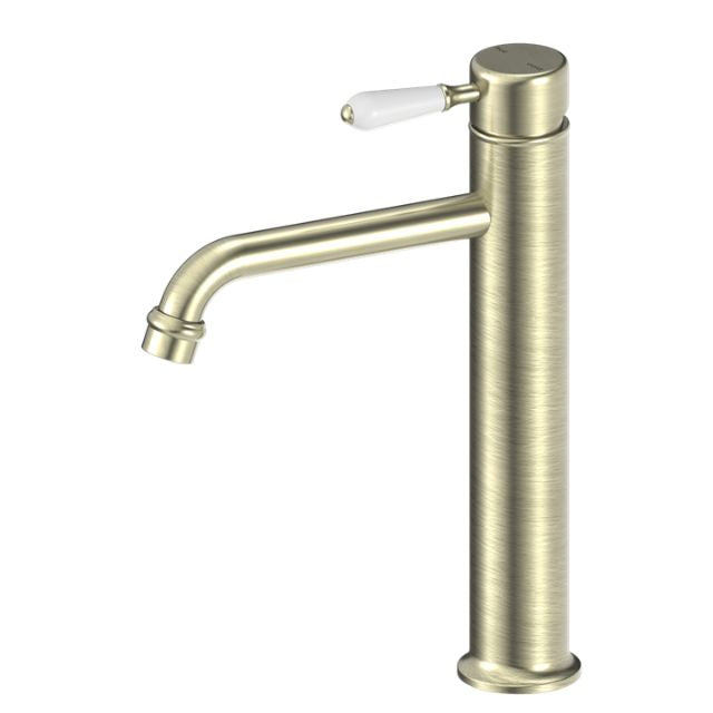 Nero York Straight Tall Basin Mixer With White Porcelain Lever Aged Brass