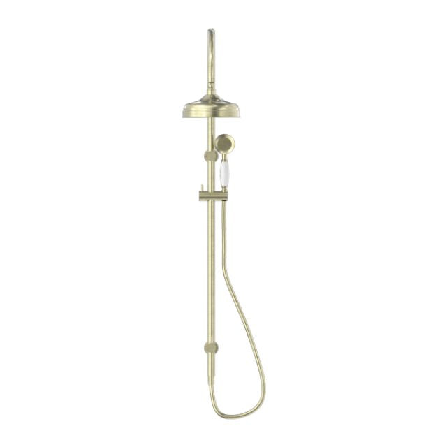 Nero York Twin Shower With White Porcelain Hand Shower Aged Brass