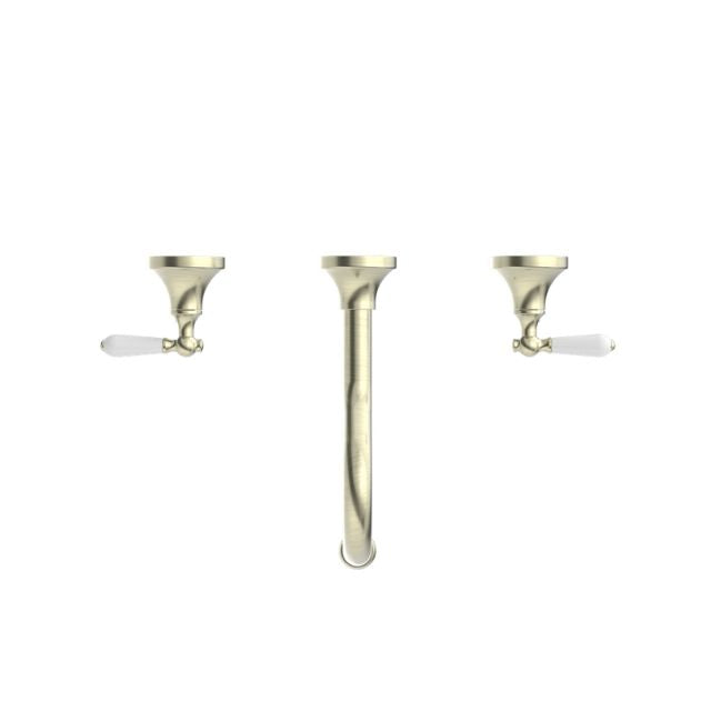 Nero York Wall Basin Set With White Porcelain Lever Aged Brass