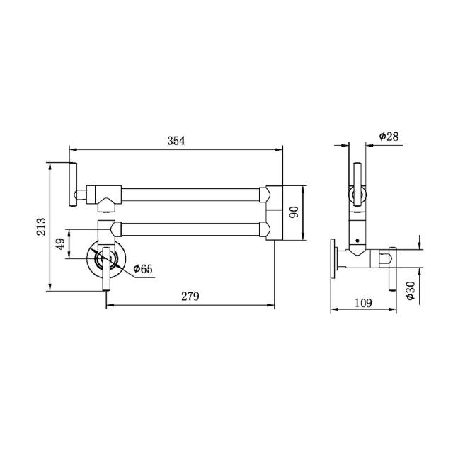 Technical Drawing Nero Zen 316L Stainless Steel Pot Filler Brushed Bronze NR162203BZ - The Blue Space