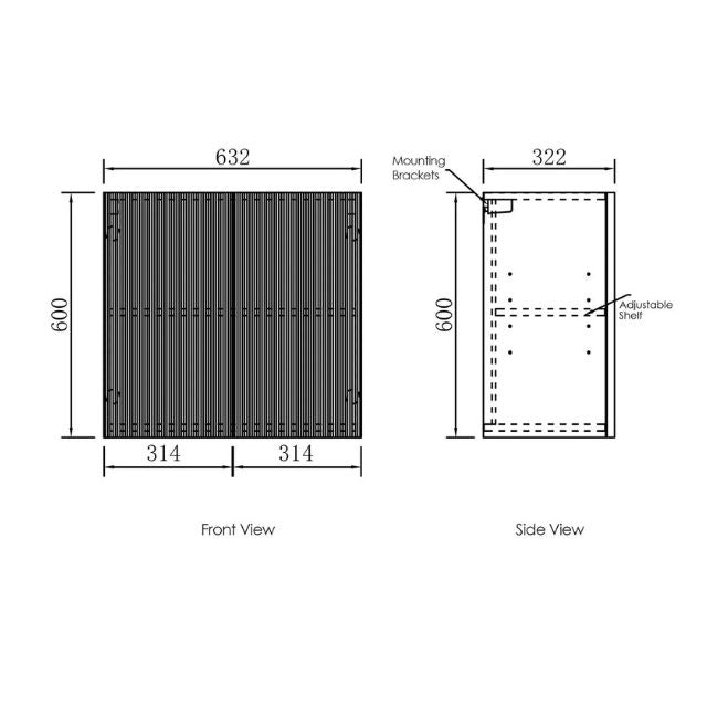 Technical Drawing Wall Cabinet for Otti Bondi 1305mm Fluted Laundry Set B - White - The Blue Space
