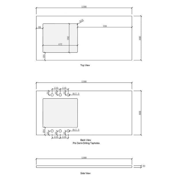 Technical Drawing Stone Top Otti Hampshire 1305mm Laundry Set A - Black