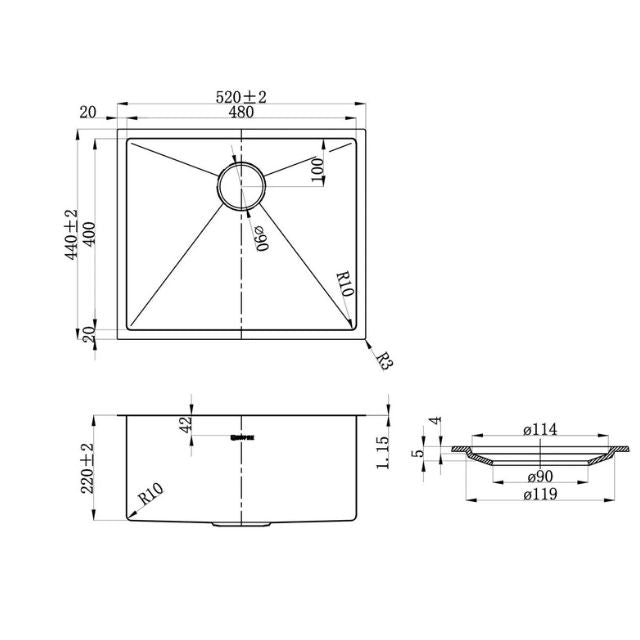 Technical Drawing Laundry Sink for Otti Hampshire Black 650mm Mini Laundry Cabinet Set - The Blue Space