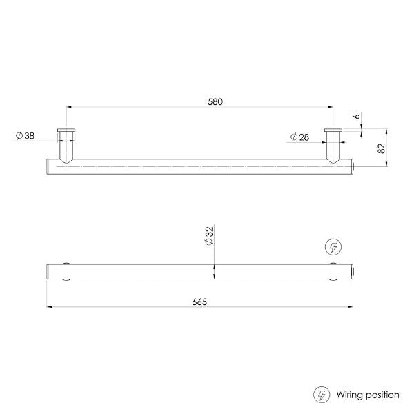 Phoenix Heated Towel Rail Round 600mm - 650-8760-31 - Brushed Carbon  - Technical Drawing