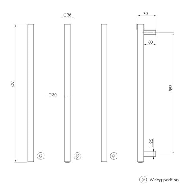 Phoenix Heated Triple Towel Rail Square 600mm - Brushed Gold