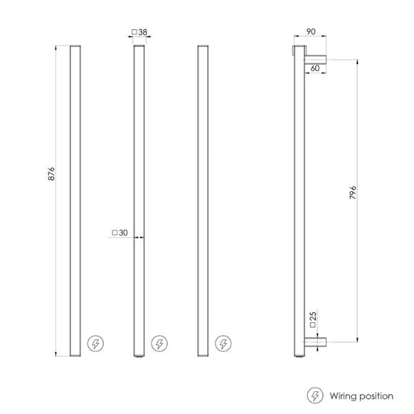 Phoenix Heated Triple Towel Rail Square 800mm - Brushed Nickel - 651-8763-40  - Technical Drawing