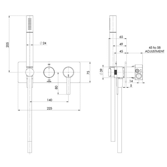Technical Drawing Phoenix Lexi MKII Wall Shower System Matte Black 123-7490-10 - The Blue Space
