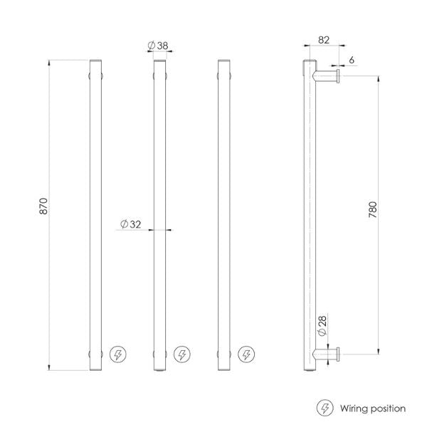 Phoenix Heated Triple Towel Rail Round 800mm - Matte Black 650-8763-10 - Technical Drawing
