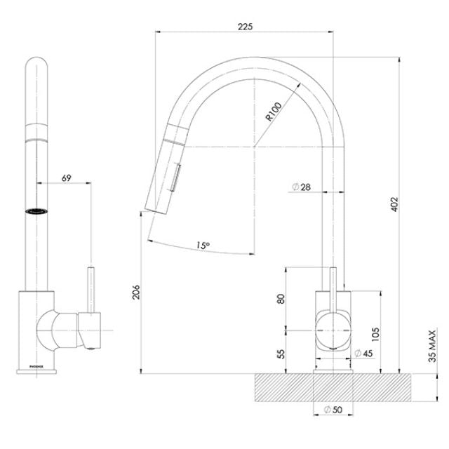 Phoenix Pina Pull Out Sink Mixer Chrome