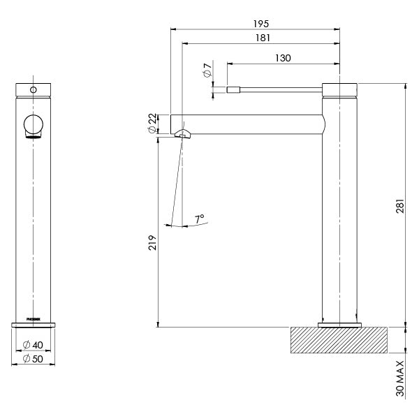 Phoenix Vivid Slimline Vessel Mixer 316 Stainless Steel Technical Drawing - The Blue Space