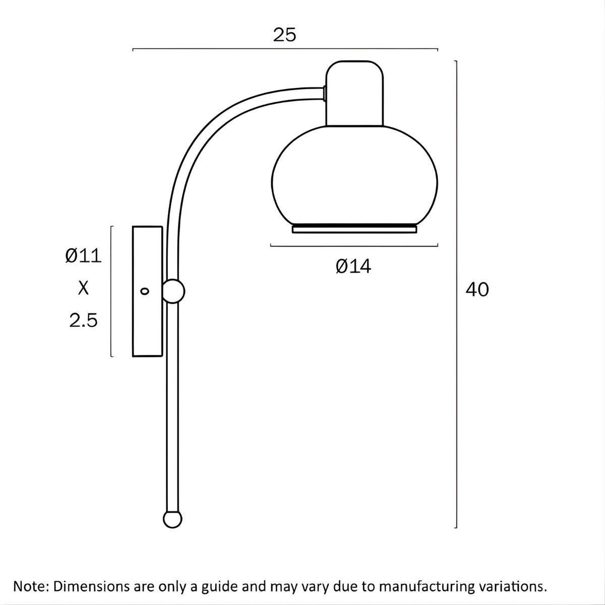 Technical Drawing Telbix Marbell Wall Light E27 Black MARBELLWB-BKSM - The Blue Space